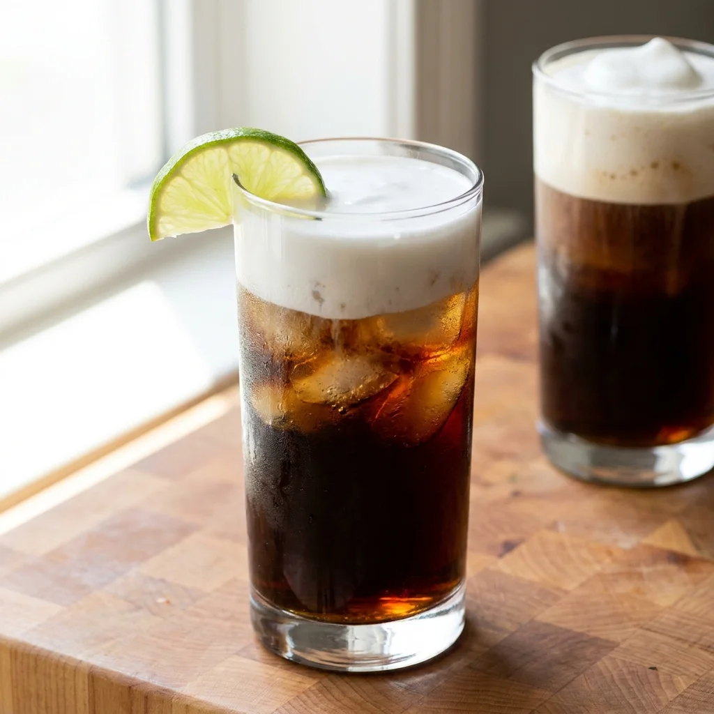 dirty dr pepper recipe in a tall glass with coconut cream layer, lime wedge, and cold foam version in the background