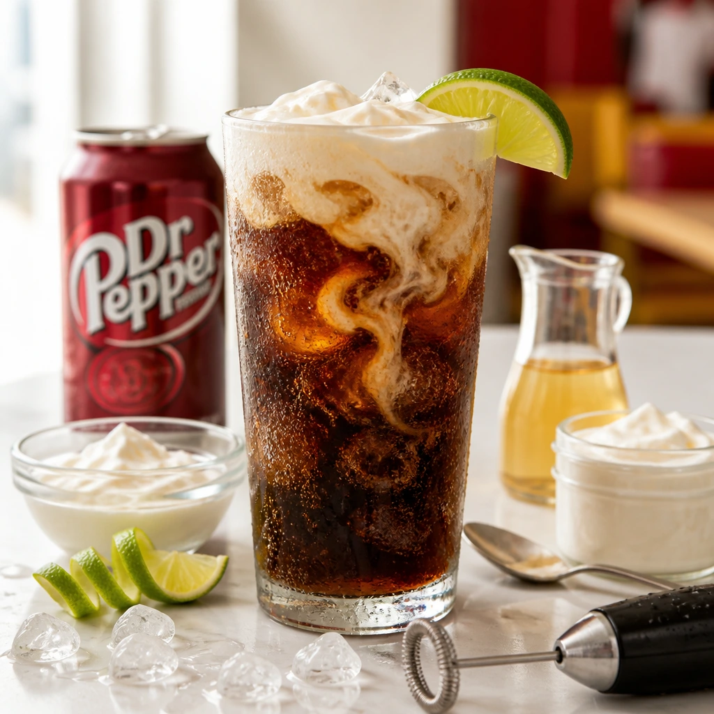 Dirty Dr Pepper mocktail in a tall glass with lime, coconut cream swirl, Dr Pepper can, vanilla syrup and cold foam on marble