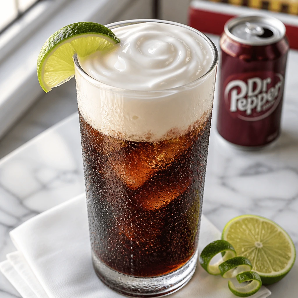 Dirty Dr Pepper Recipe in a tall glass with creamy top and lime, Dr Pepper can and blurred fast-food background on white marble