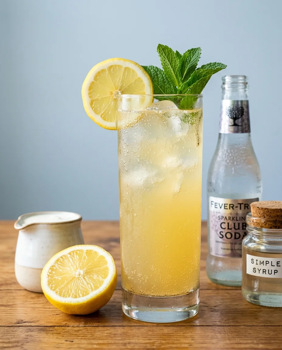 dirty lemonade soda recipe ingredients — club soda, heavy cream, fresh lemon juice, and simple syrup arranged on a wood surface