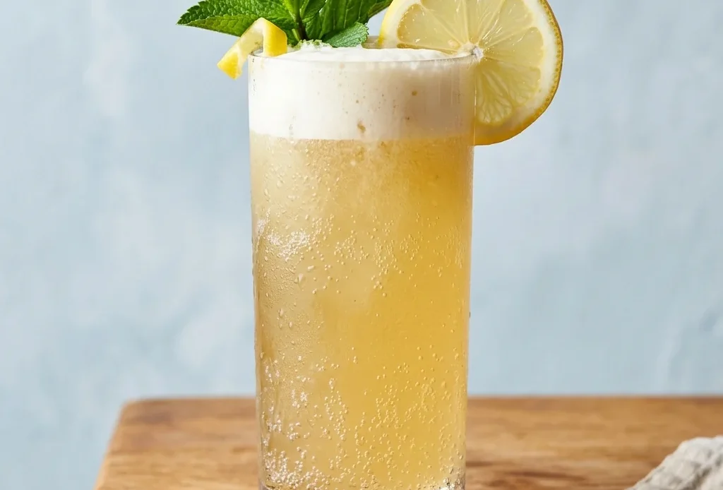dirty lemonade soda recipe in a tall Collins glass with lemon wheel and mint sprig garnish