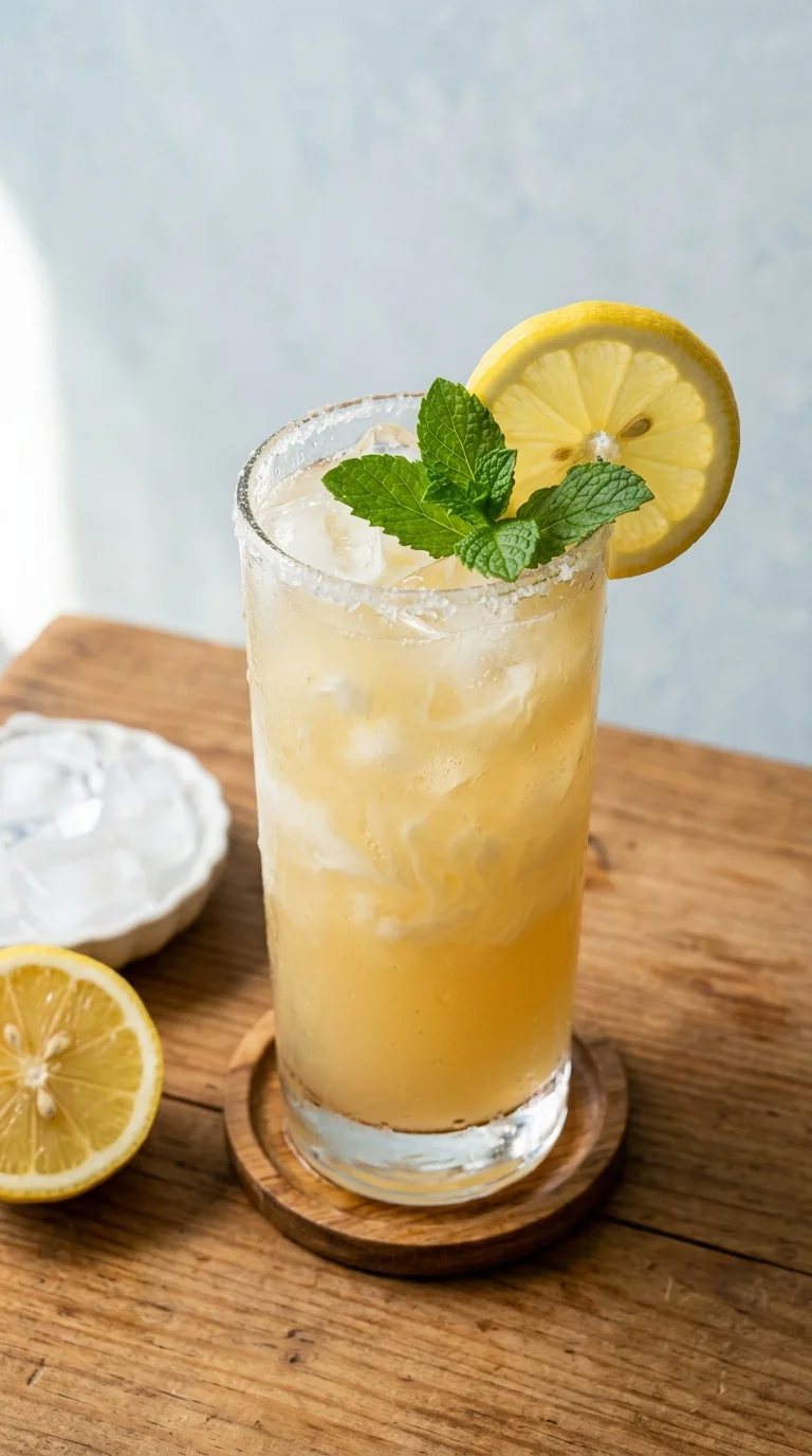 dirty lemonade soda recipe served in a tall Collins glass from a slightly overhead angle on a warm wood surface