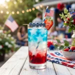 4th of July mocktail recipe with red white and blue layers in a clear glass