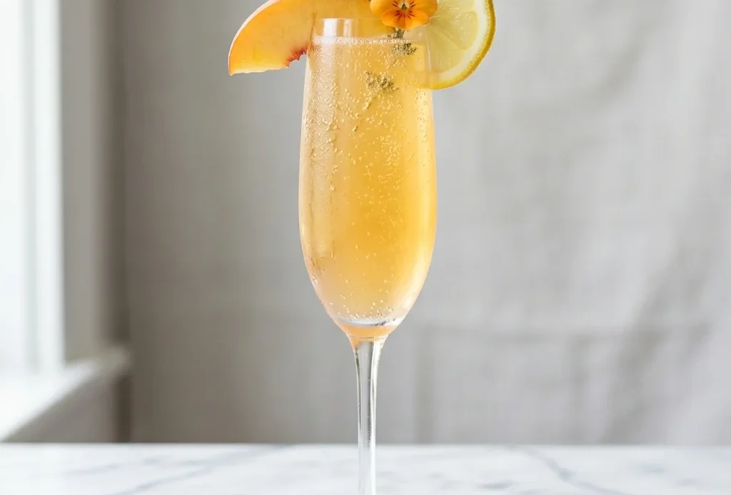 peach bellini mocktail in champagne flute with golden peach color peach slice and edible flower garnish on white marble
