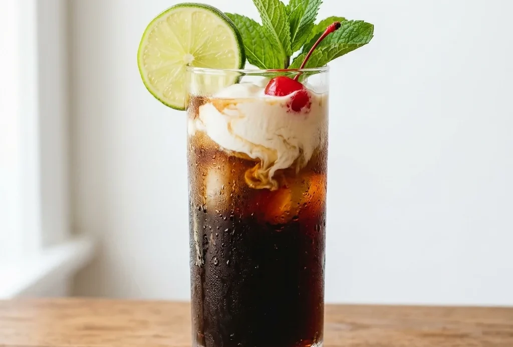 founder dirty soda recipe in tall glass with dark cola cream swirl lime wheel and maraschino cherry garnish