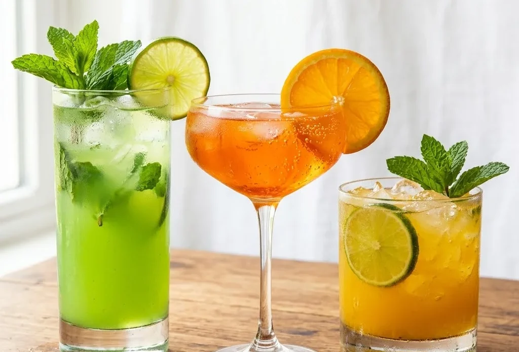 10 most popular mocktails arranged on table including virgin mojito passion fruit and mocktail aperol spritz
