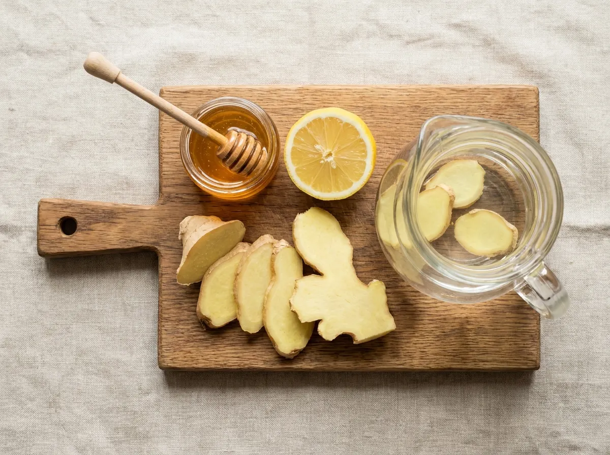 fresh ginger root sliced on cutting board next to lemon and glass pitcher