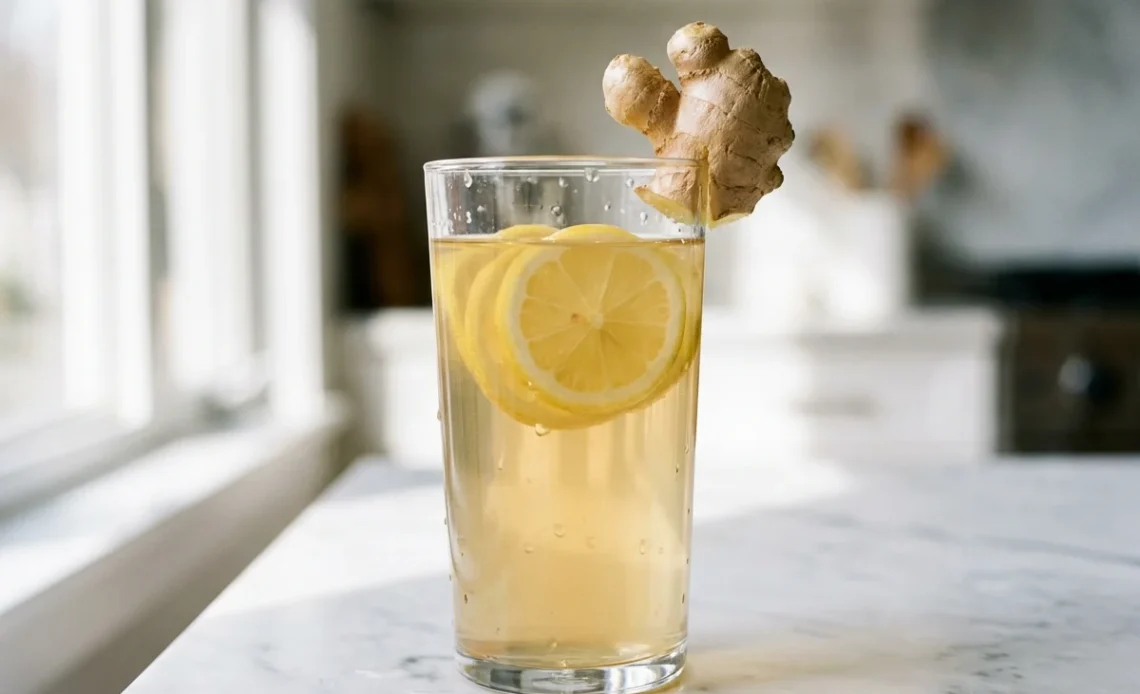 ginger water recipe in a tall glass with lemon slices and fresh ginger root
