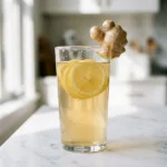 ginger water recipe in a tall glass with lemon slices and fresh ginger root