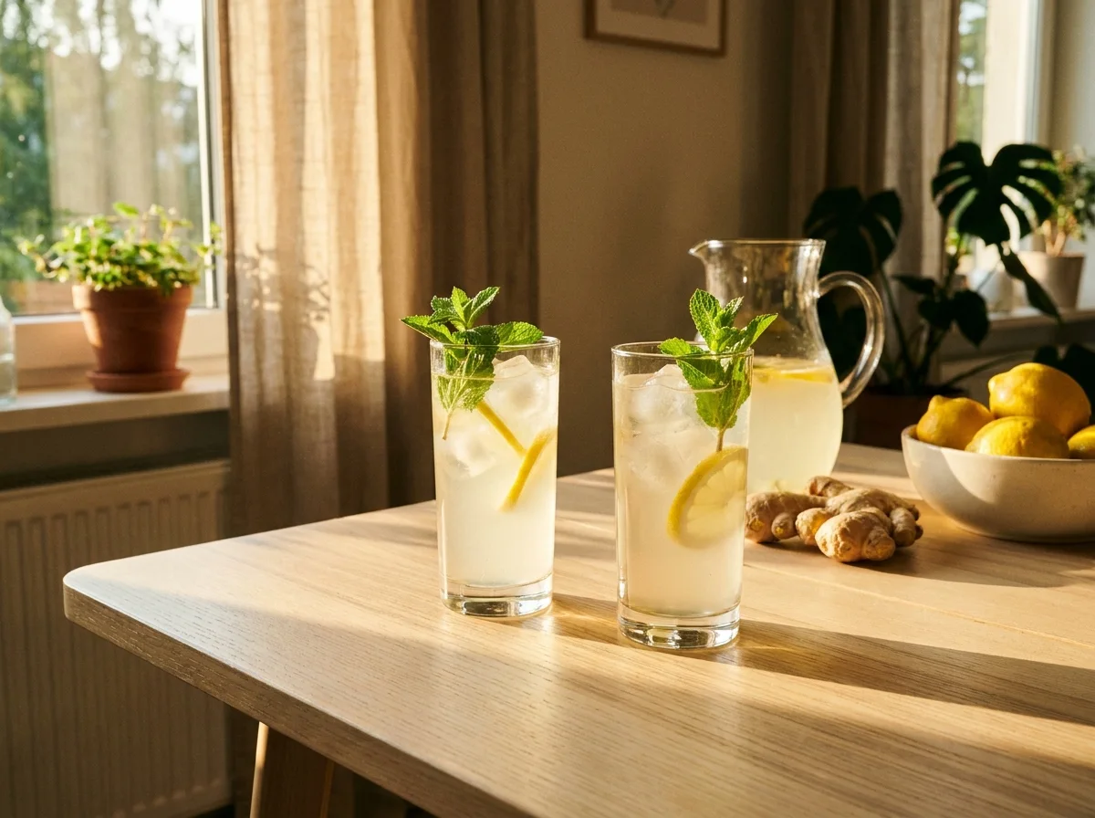 two glasses of ginger water with lemon and mint on a summer table