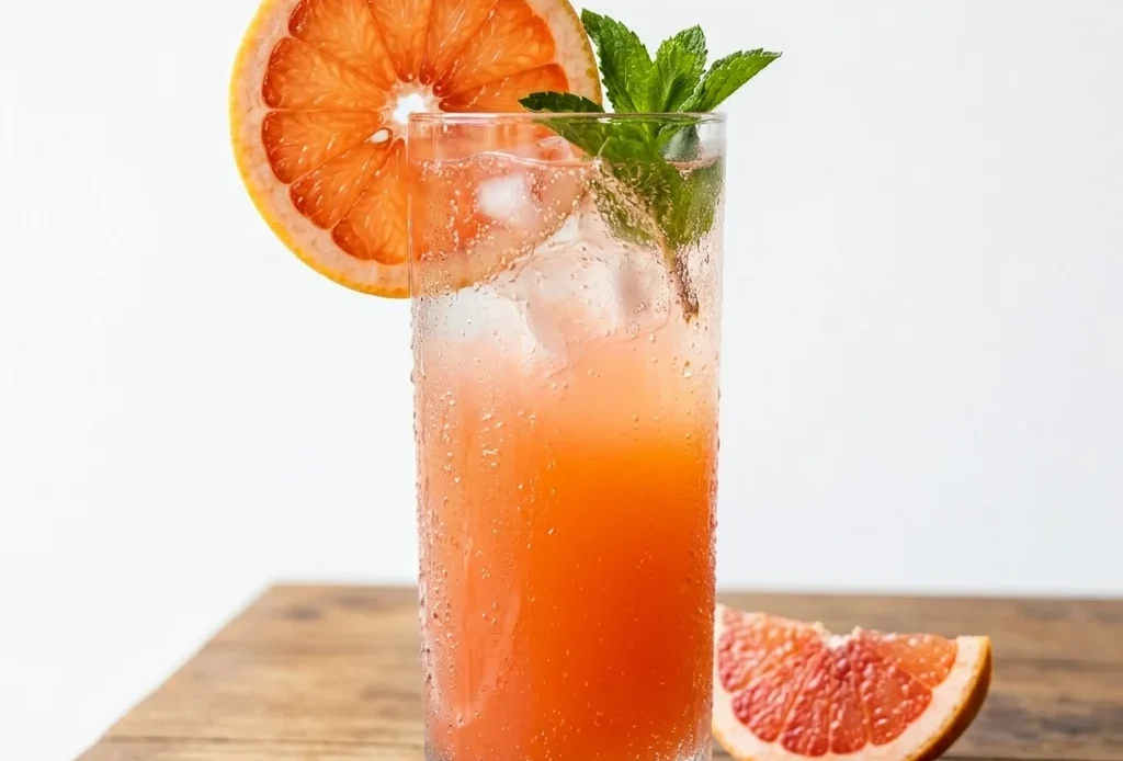 Homemade grapefruit soda recipe in a tall Collins glass with ice, grapefruit wheel, and mint garnish