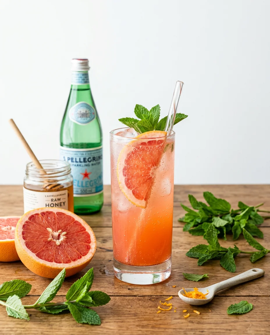Homemade grapefruit soda recipe ingredients with fresh grapefruit halves, honey jar, and sparkling water bottle