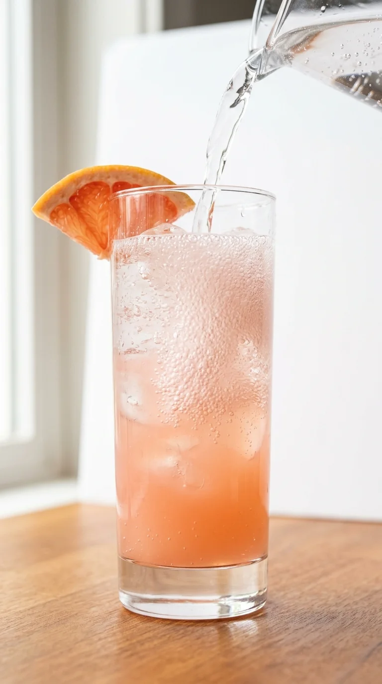 Grapefruit soda recipe being poured into a glass with ice, showing sparkling bubbles