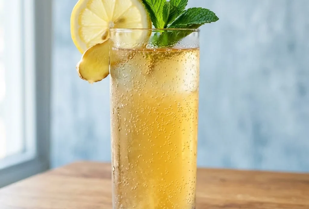 homemade ginger ale recipe in a tall Collins glass with lemon wheel fresh ginger slice and mint sprig garnish on warm wood surface