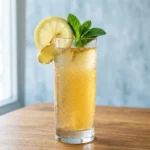 homemade ginger ale recipe in a tall Collins glass with lemon wheel fresh ginger slice and mint sprig garnish on warm wood surface
