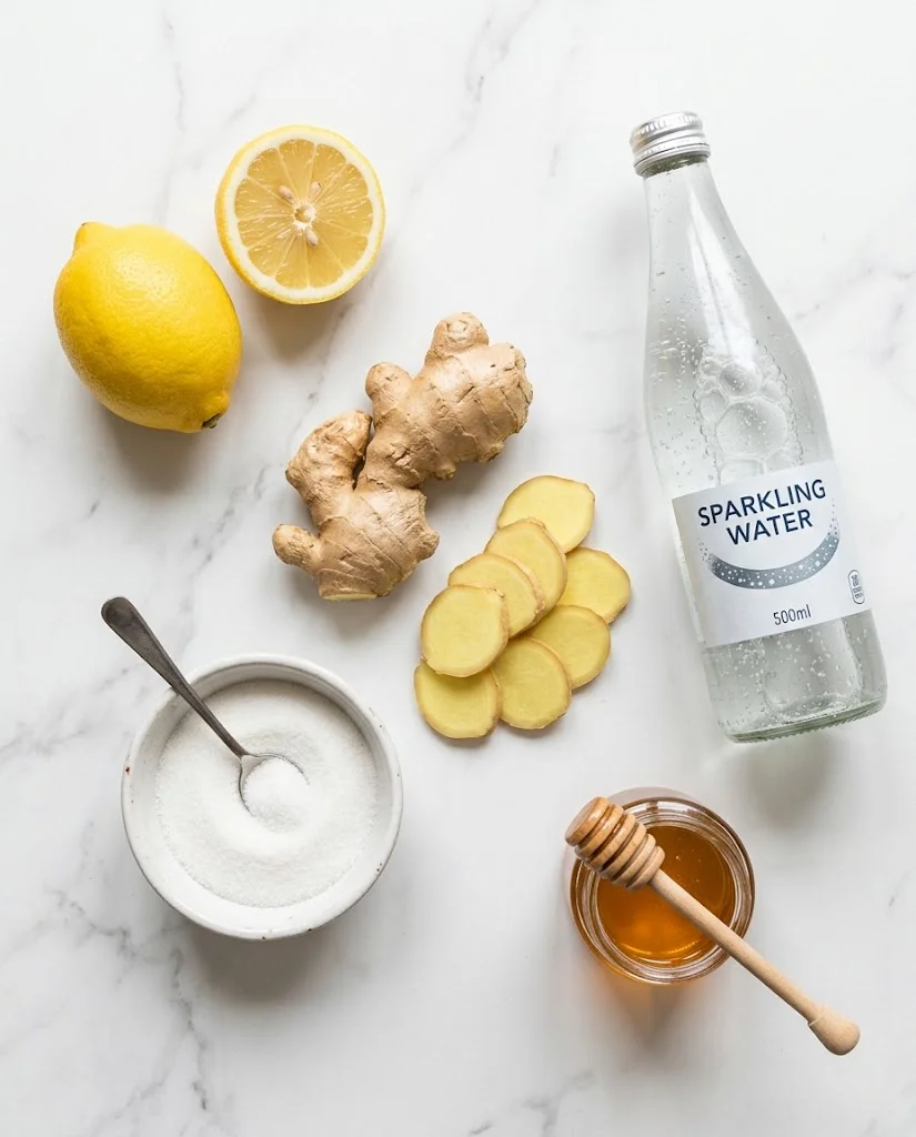 homemade ginger ale recipe ingredients flat lay including fresh ginger root sliced coins lemons white sugar sparkling water and honey jar on white marble
