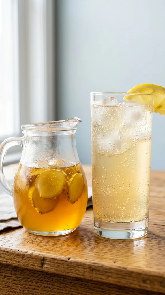 homemade ginger ale recipe served in a tall Collins glass beside a small pitcher of golden ginger syrup on warm wood surface