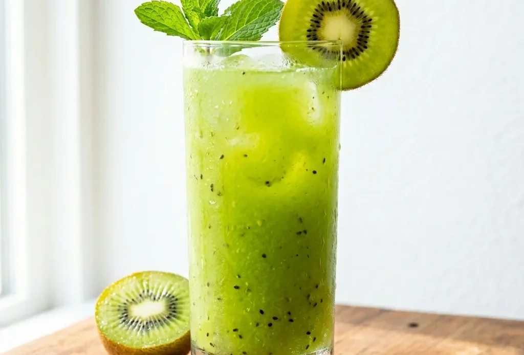 Homemade kiwi juice recipe in a tall glass with ice, kiwi slice on the rim, and mint garnish