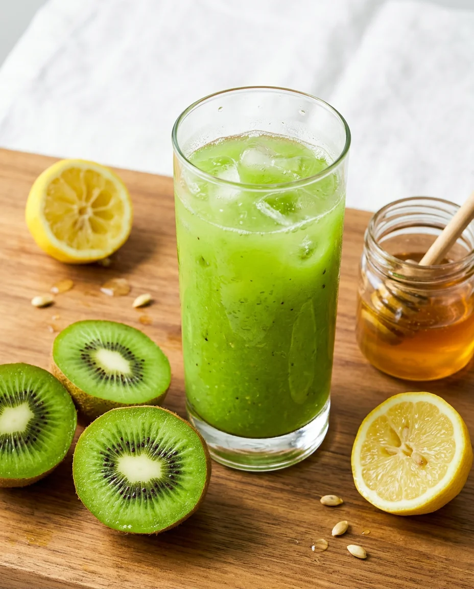 Kiwi juice recipe ingredients with halved ripe kiwis, lemon, and glass of water on a wooden board