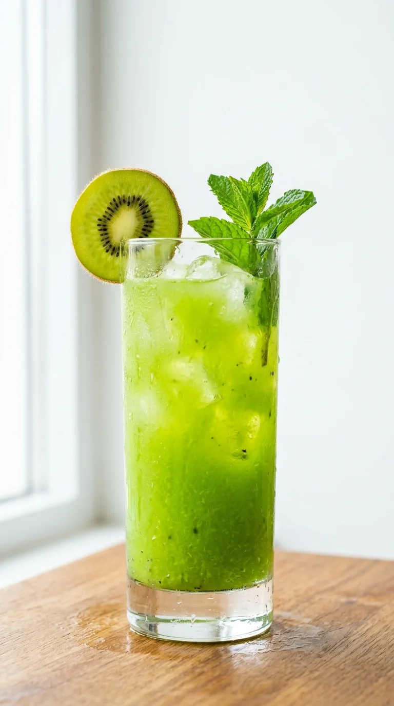 Kiwi juice recipe in a glass with ice and mint, kiwi slice on rim, on a bright white surface