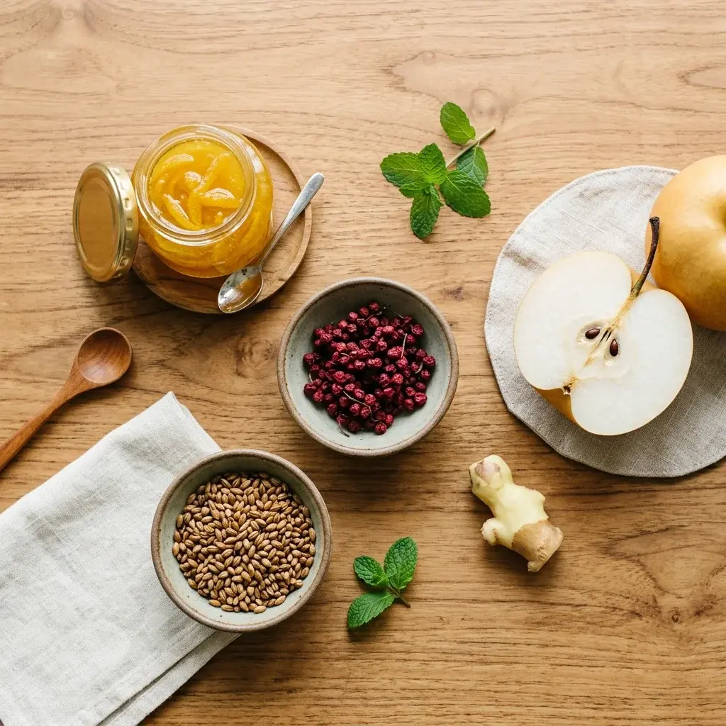 korean mocktail recipes ingredients flat lay including yuja preserve jar omija berries roasted barley and ginger root