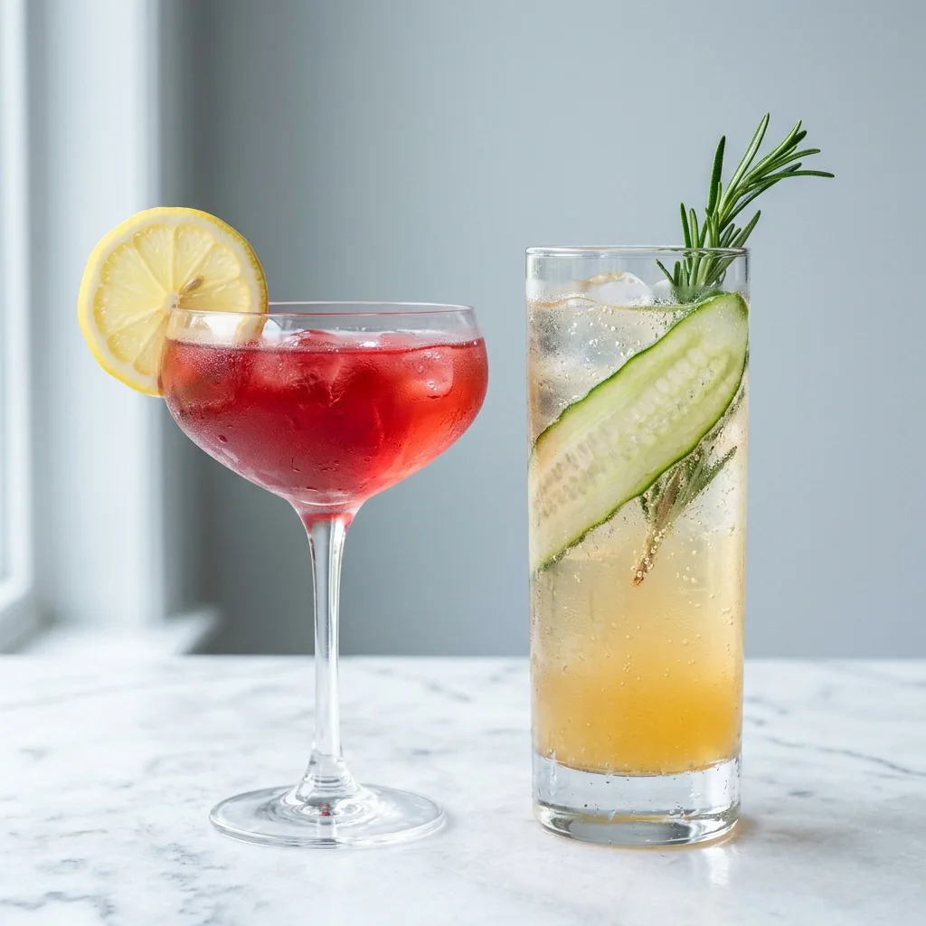 korean mocktail recipes served in glasses including golden yuja spritz and deep red omija drink on white marble