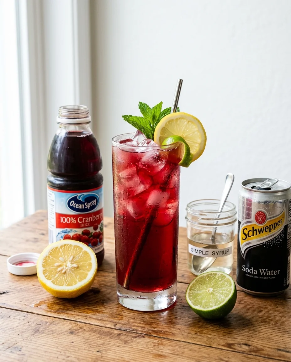 long beach iced tea ingredients including cranberry juice, fresh lemon, lime, simple syrup, and soda water on a wood surface
