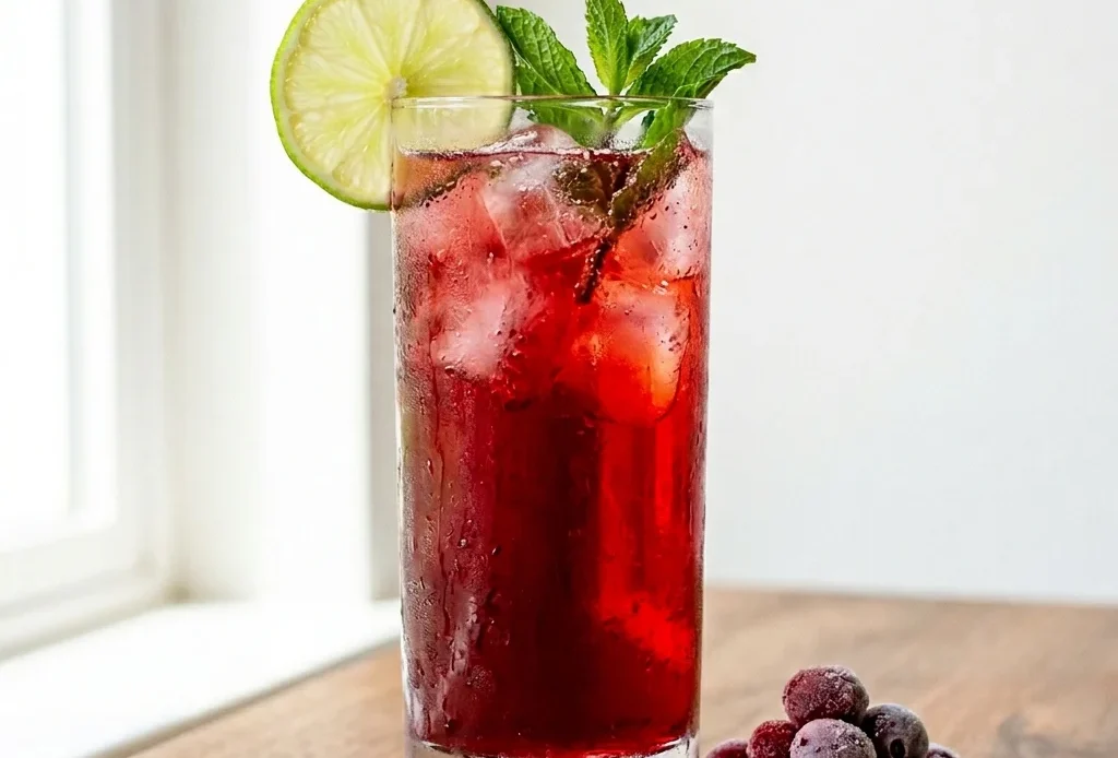 long beach iced tea mocktail in a Collins glass with lime wheel and frozen cranberry garnish