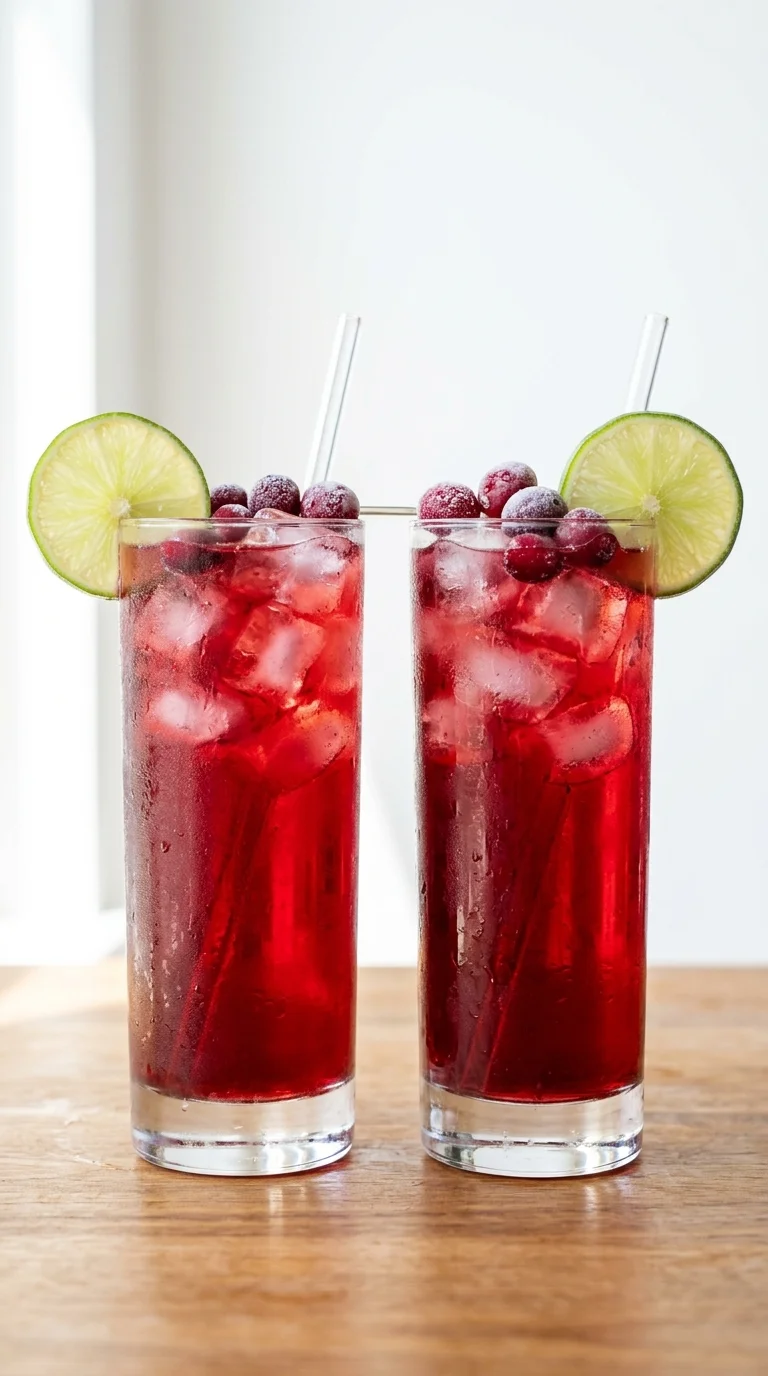 two long beach iced tea mocktails in Collins glasses with frozen cranberry garnish and lime wheel