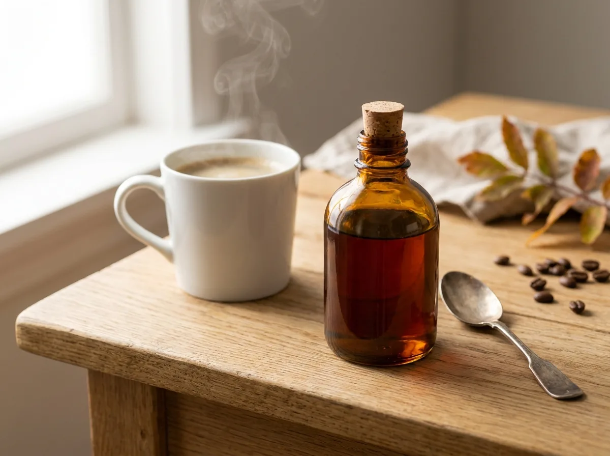 mapleine syrup recipe drizzled into an iced coffee drink in a tall glass