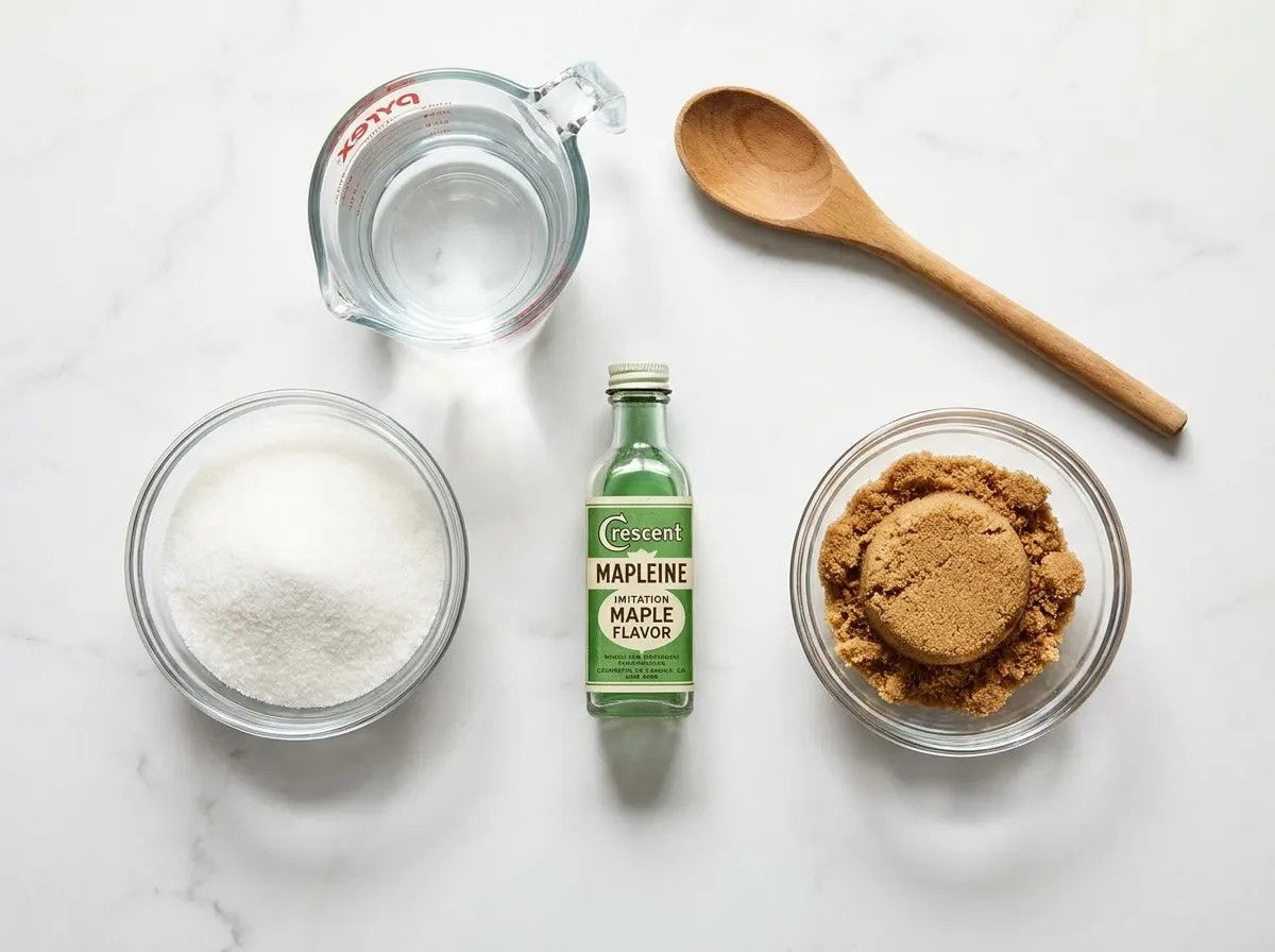 ingredients for mapleine syrup recipe including Mapleine bottle, sugar, and water