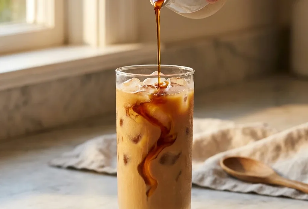 mapleine syrup recipe in a glass bottle with a spoon on a wooden surface