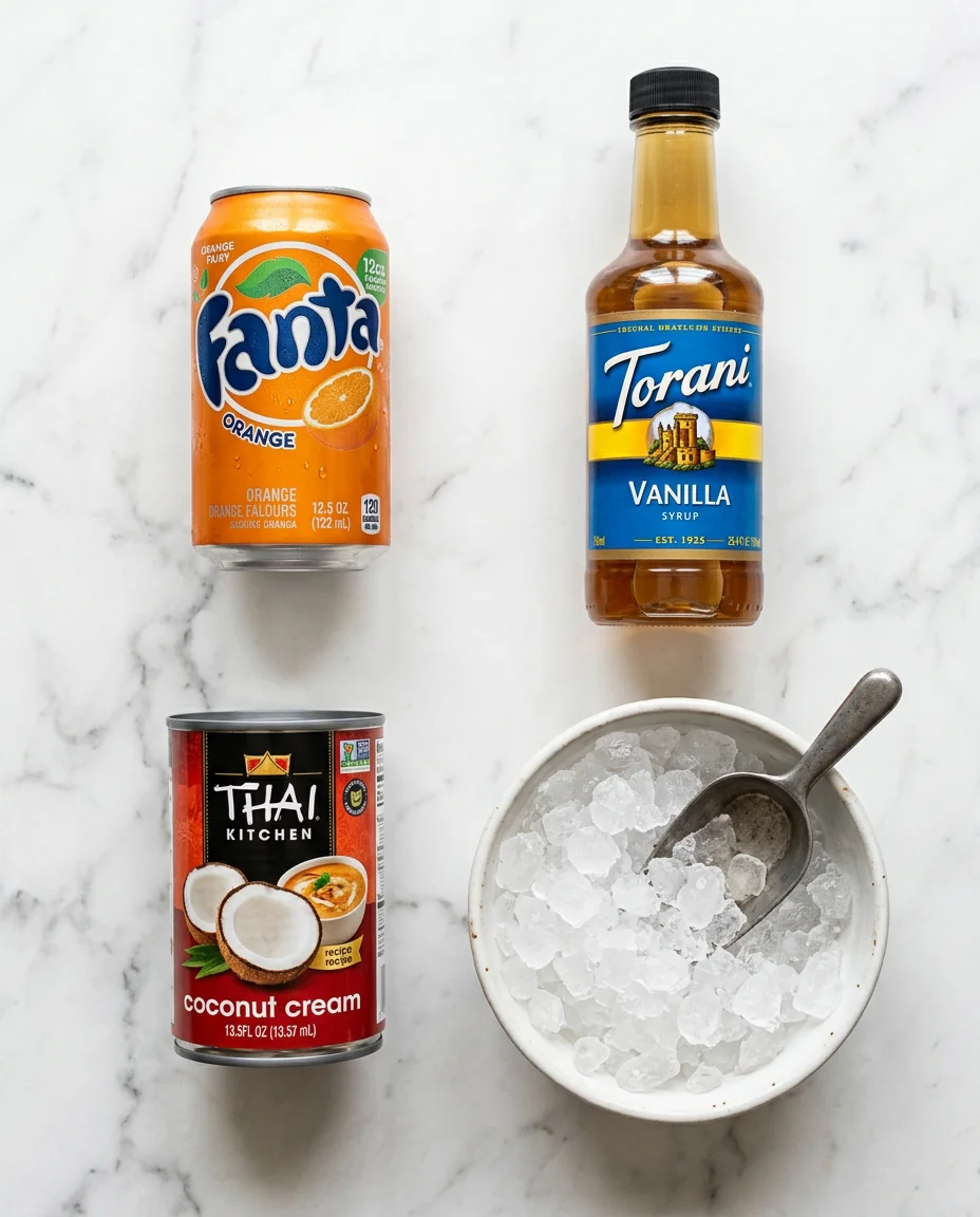 Ingredients for orange dream dirty soda copycat: Fanta Orange, Thai Kitchen coconut cream, Torani vanilla syrup, and ice on a white surface
