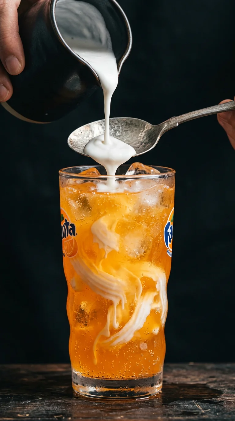 Pouring coconut cream over the back of a spoon into orange soda to create the creamy layer for a dirty soda