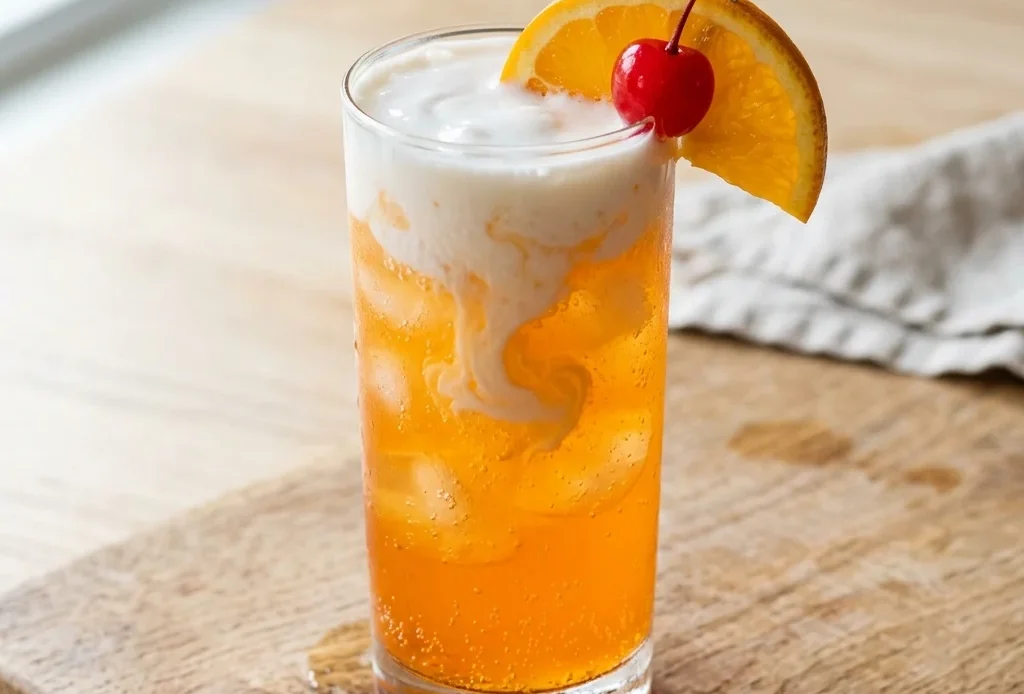 McDonald's orange dream dirty soda copycat in a tall glass with a white coconut cream layer floating over bright orange soda
