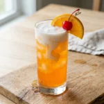 McDonald's orange dream dirty soda copycat in a tall glass with a white coconut cream layer floating over bright orange soda