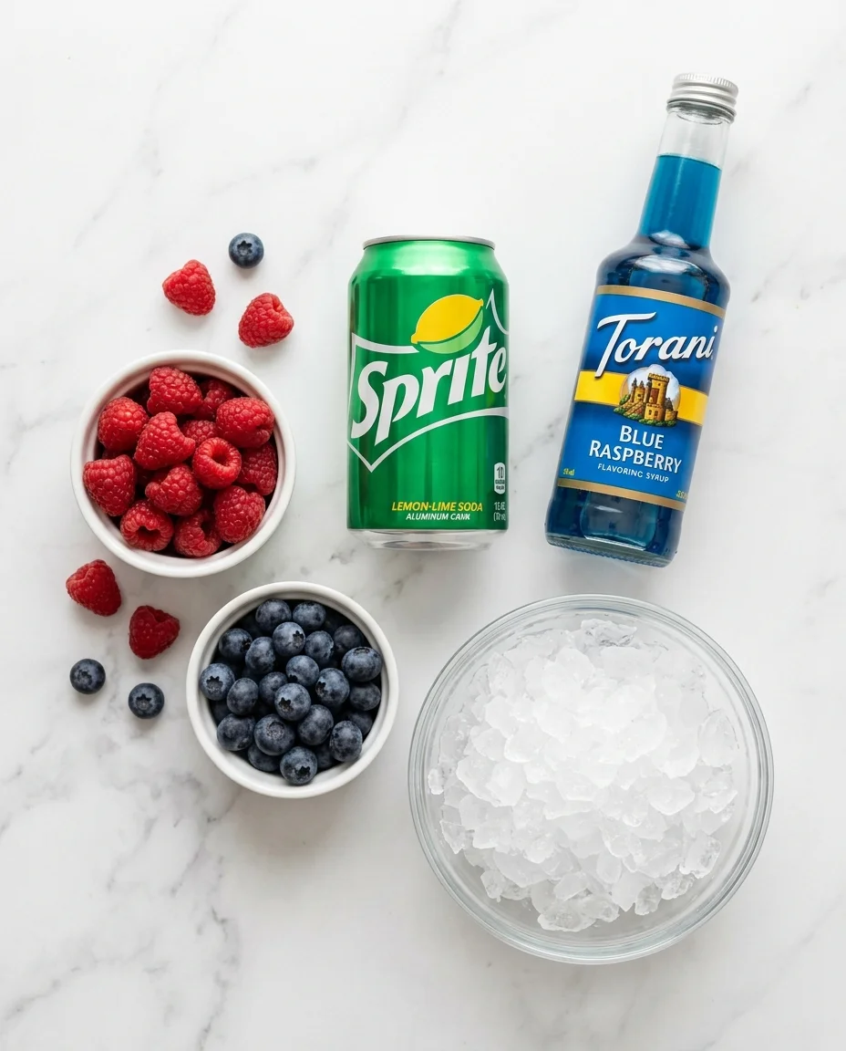 Ingredients for McDonald's Sprite Berry Blast copycat: Sprite can, Torani Blue Raspberry syrup bottle, fresh raspberries, fresh blueberries, and crushed ice on a marble surface