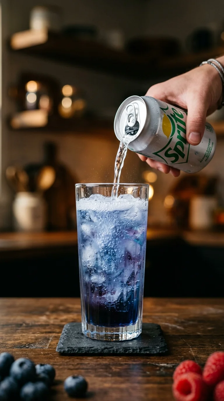 Slow pour of Sprite into a chilled glass over blue raspberry syrup and crushed ice to make McDonald's Berry Blast copycat