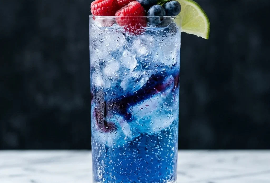 McDonald's Sprite Berry Blast copycat in a tall glass with crushed ice, blue-purple berry syrup ribboning through the Sprite, garnished with fresh raspberries and blueberries