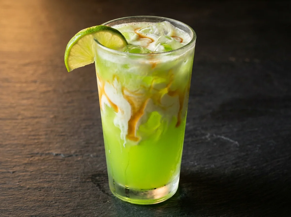 finished mountain dew dirty soda with cream ribbon and lime garnish