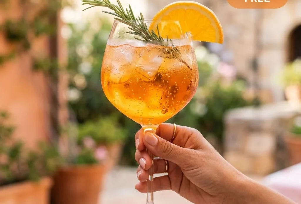 A hand holding a balloon wine glass filled with a bright orange non alcoholic aperol spritz garnished with orange slice and rosemary on a Mediterranean terrace