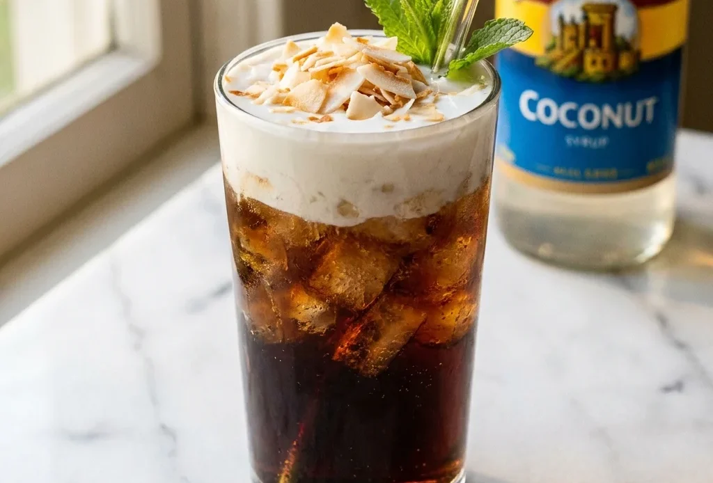 coconut dr pepper recipe in a tall glass with cream top and coconut flakes