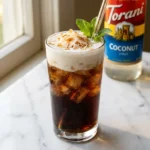 coconut dr pepper recipe in a tall glass with cream top and coconut flakes