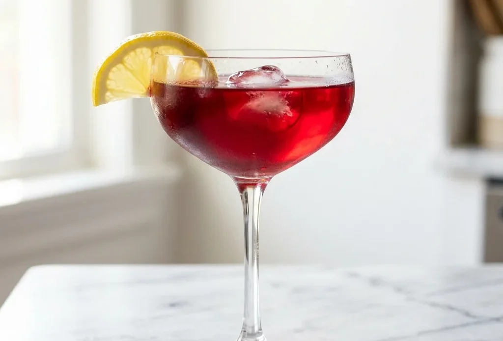omija mocktail recipe in a coupe glass showing deep crimson ruby-red five-flavor berry drink