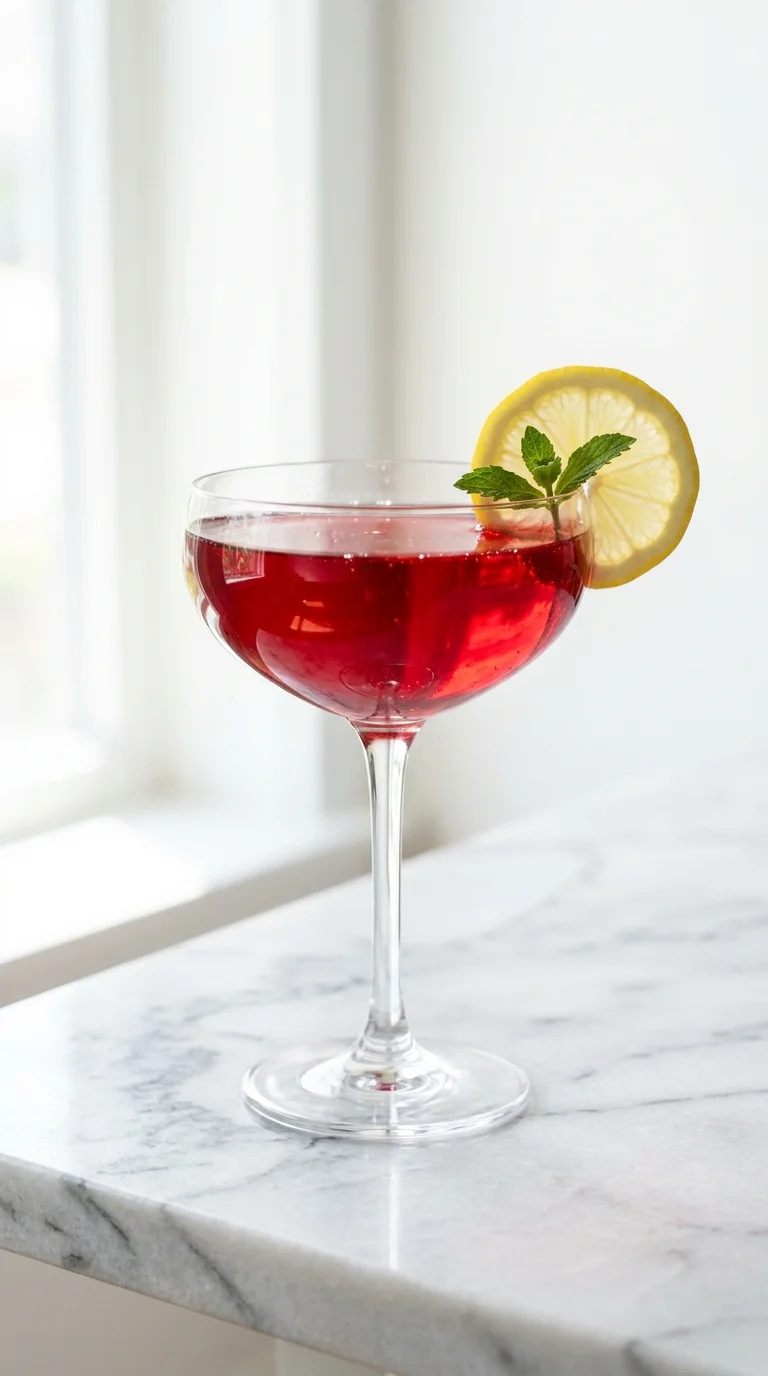 close-up of omija mocktail coupe glass with vivid ruby-red liquid glowing in window light
