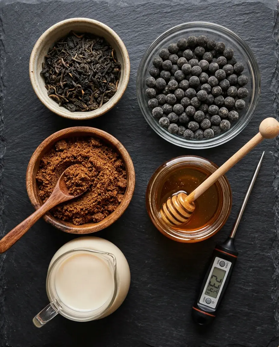Oolong tea leaves, tapioca pearls, brown sugar, and oat milk arranged as flat lay ingredients for homemade boba