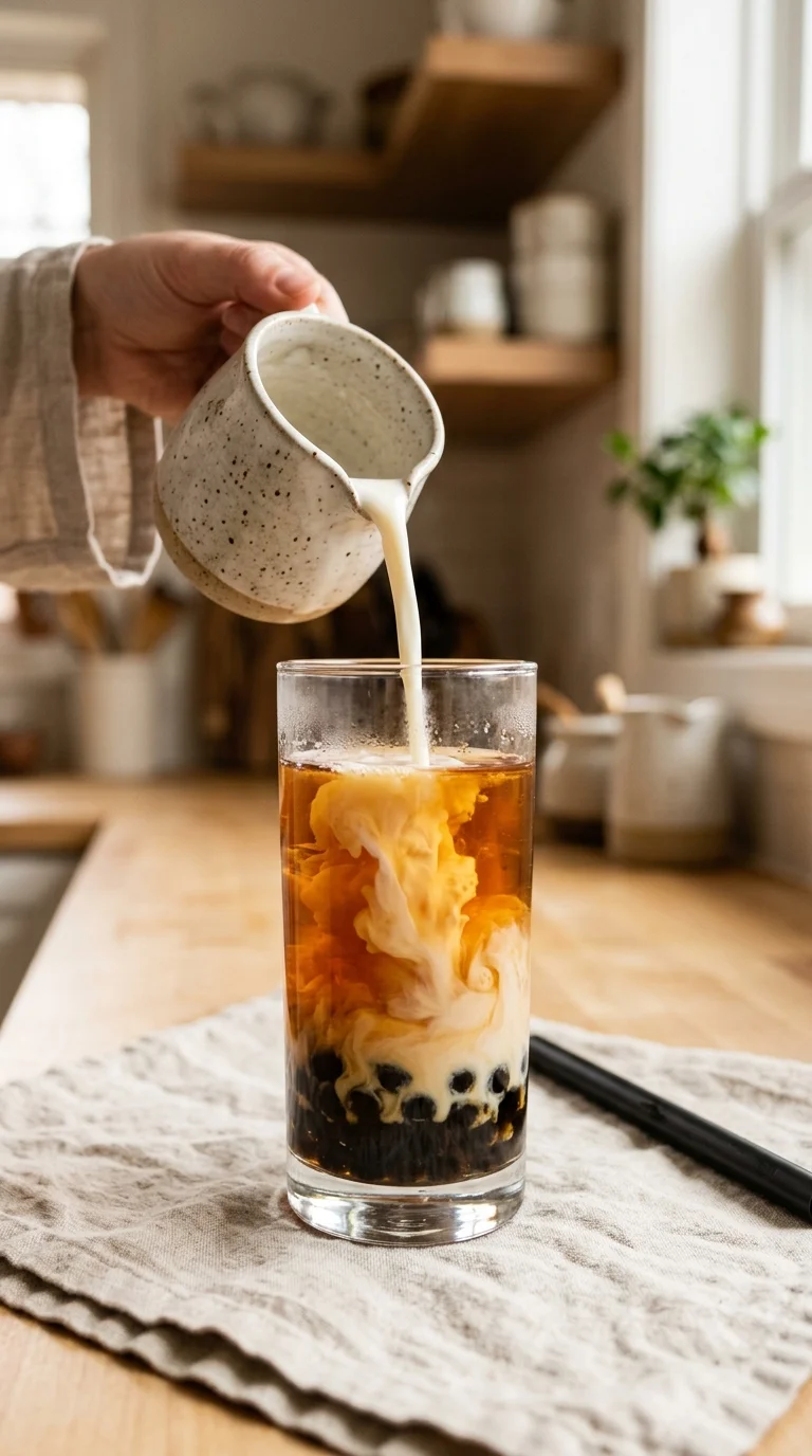 Oat milk being poured into oolong tea with tapioca pearls in a glass, creating a milky swirl