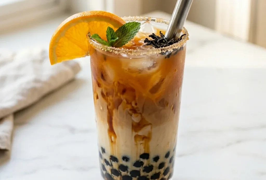 Oolong boba tea in a clear glass with black tapioca pearls, brown sugar swirl, and a wide boba straw on a light wood surface