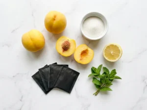 fresh yellow peaches, black tea bags, sugar, and lemon on white marble