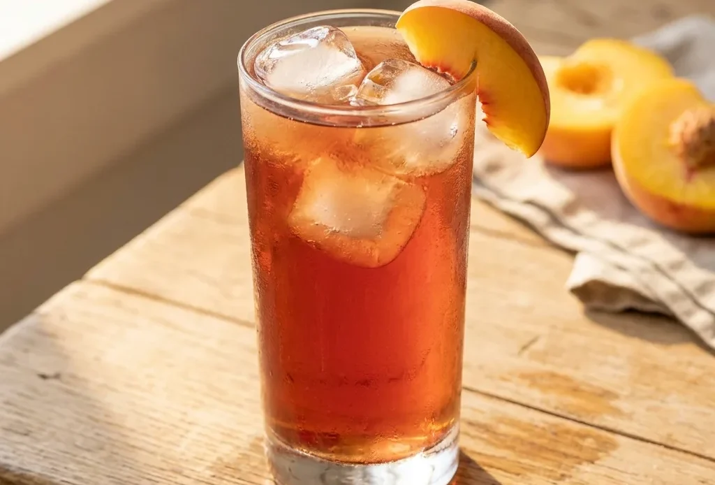 peach iced tea recipe in a tall glass with fresh peach slices and ice